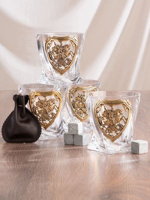 Набор 4 бокала для виски "Квадро", накл. "Георгий Победоносец",камни,мешки,черн.коробка