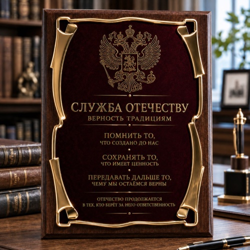 Плакетка наградная Герб Служба Отечеству. Верность традициям в черной коробке
