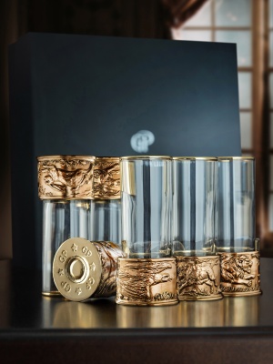 Набор из 6-ти стопок Патрон Лев, Кабан, Орел с латунным основанием в подарочной коробке