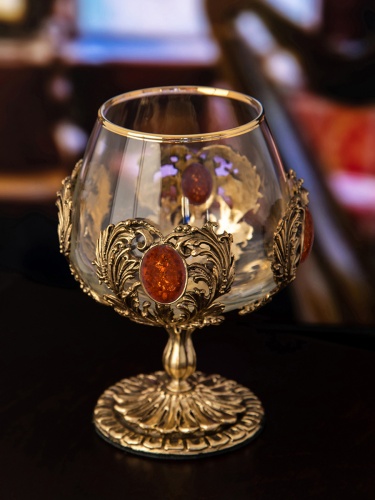 Набор 2 бокала для коньяка с искусственным камнем "Янтарь коньячный", в шкатулке из массива