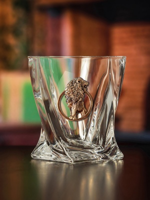 Набор бокалов для виски Квадро ( 2 шт.) с накладкой "Лев" в деревянном футляре