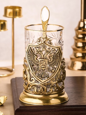 Подстаканник ручной работы "Герб" набор 3 предмета в деревянной шкатулке