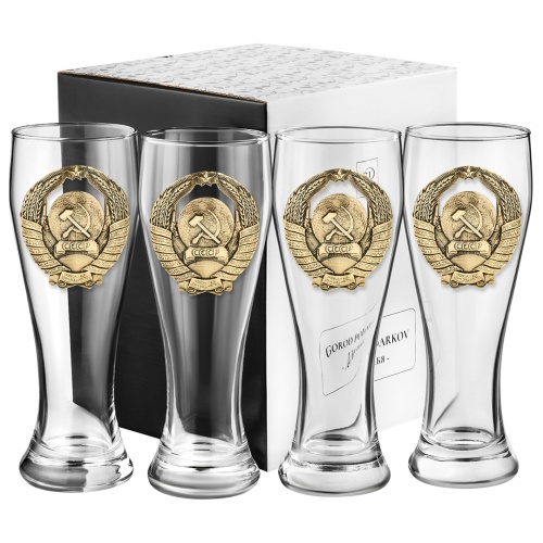 Набор 4 бокала для пива, накл. "Герб СССР" ВЕЛИКАЯ РОССИЯ ,в ч/б коробке