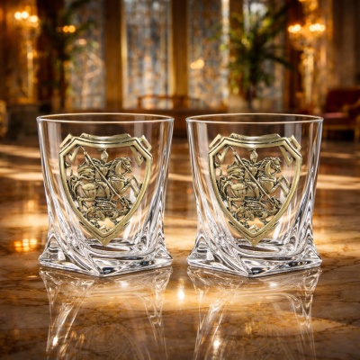 Набор из 2-х бокалов для виски с накладками Георгий Победоносец в черной подарочной коробке с печатью Святой Георгий
