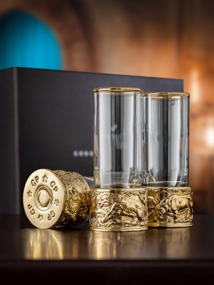 Набор из 3-х стопок Патрон Тигр, Медведь, Буйвол с латунным основанием в подарочной коробке